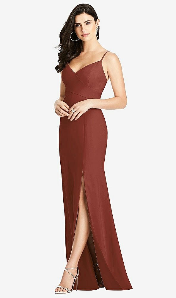 Front View - Auburn Moon Seamed Bodice Crepe Trumpet Gown with Front Slit