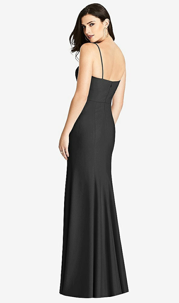 Back View - Black Seamed Bodice Crepe Trumpet Gown with Front Slit