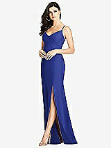 Front View Thumbnail - Cobalt Blue Seamed Bodice Crepe Trumpet Gown with Front Slit