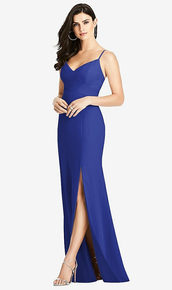 Front View - Cobalt Blue Seamed Bodice Crepe Trumpet Gown with Front Slit