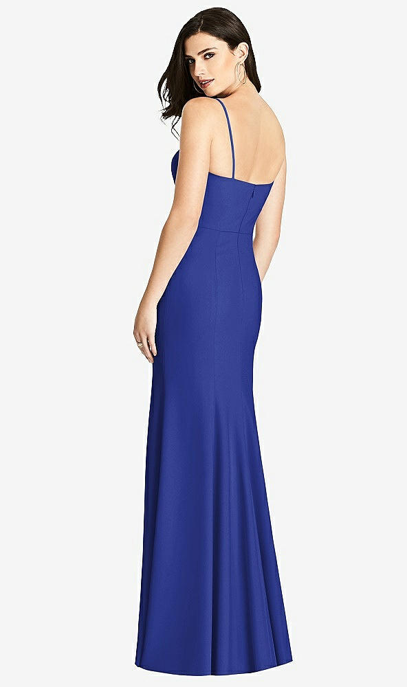 Back View - Cobalt Blue Seamed Bodice Crepe Trumpet Gown with Front Slit