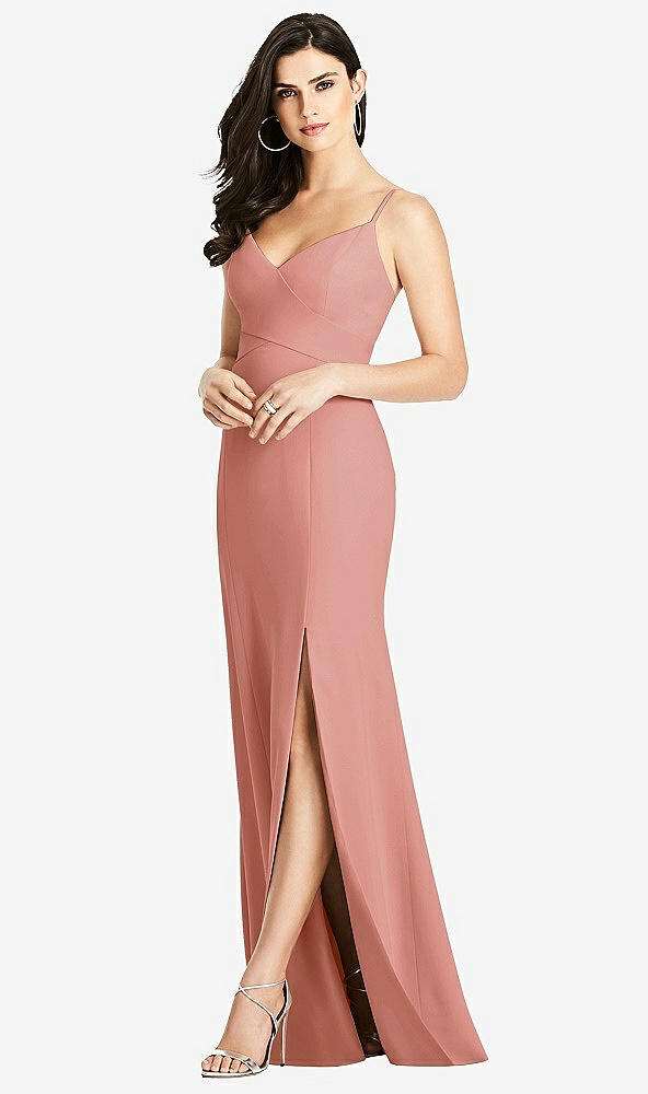 Front View - Desert Rose Seamed Bodice Crepe Trumpet Gown with Front Slit
