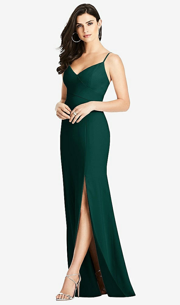 Front View - Evergreen Seamed Bodice Crepe Trumpet Gown with Front Slit