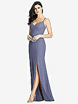 Front View Thumbnail - French Blue Seamed Bodice Crepe Trumpet Gown with Front Slit
