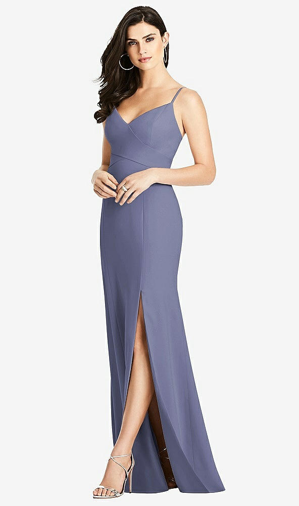 Front View - French Blue Seamed Bodice Crepe Trumpet Gown with Front Slit