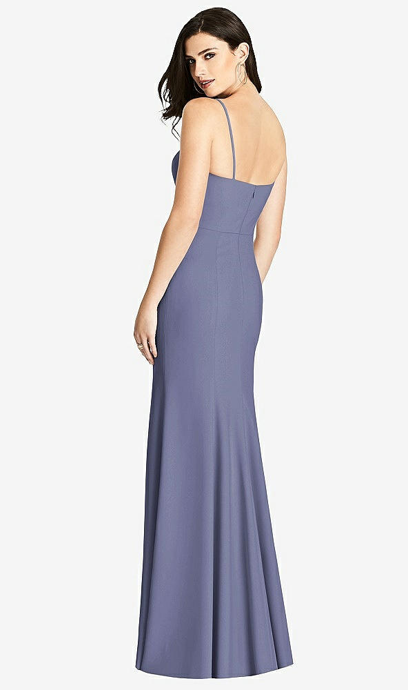 Back View - French Blue Seamed Bodice Crepe Trumpet Gown with Front Slit
