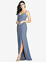 Front View Thumbnail - Larkspur Blue Seamed Bodice Crepe Trumpet Gown with Front Slit