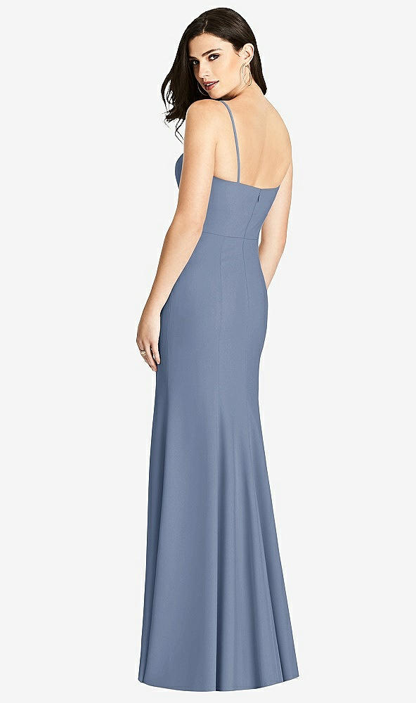 Back View - Larkspur Blue Seamed Bodice Crepe Trumpet Gown with Front Slit