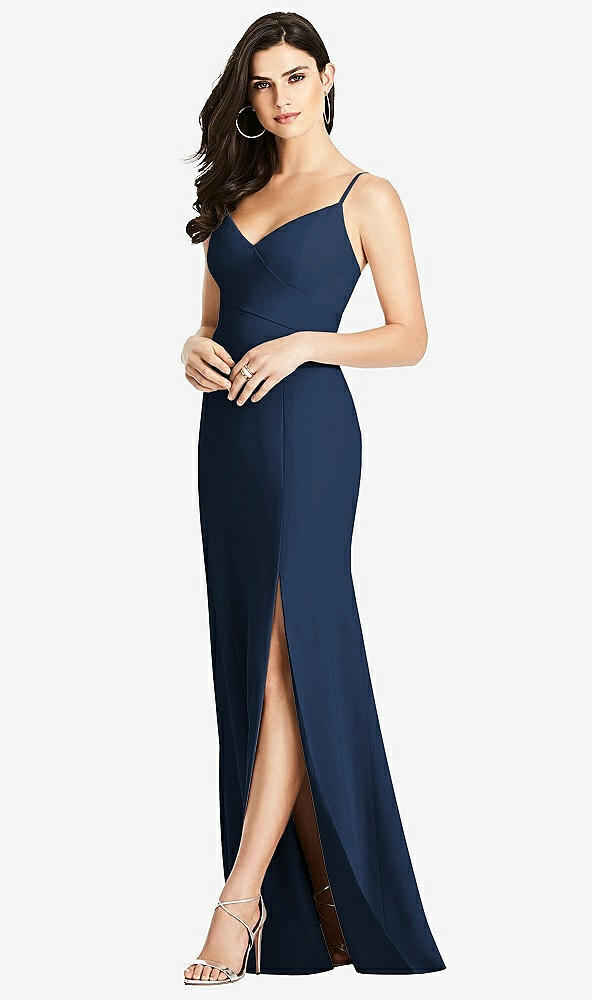 Front View - Midnight Navy Seamed Bodice Crepe Trumpet Gown with Front Slit