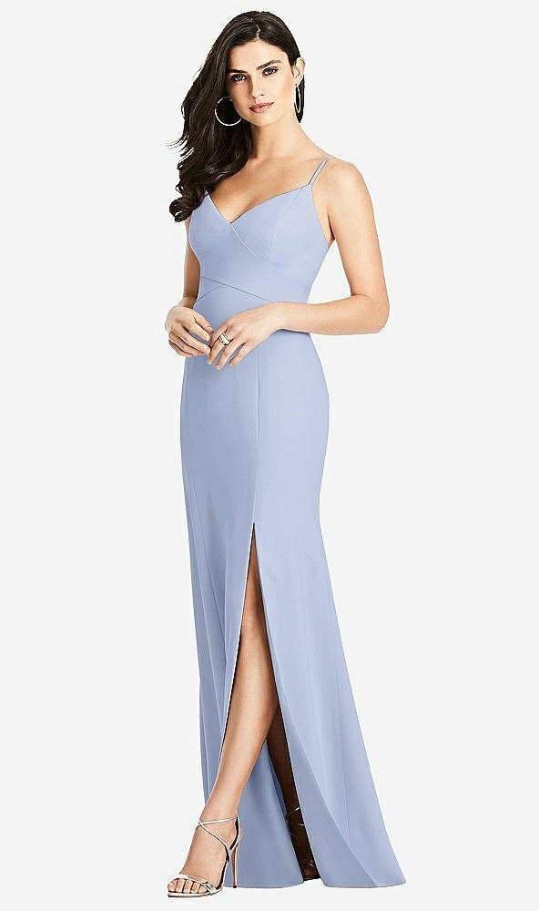 Front View - Sky Blue Seamed Bodice Crepe Trumpet Gown with Front Slit