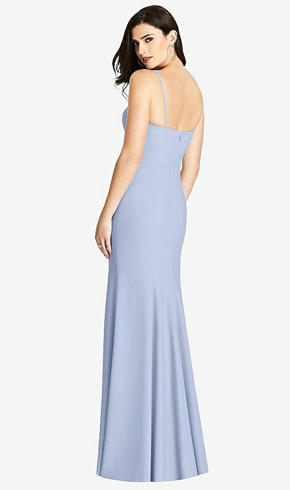 Back View - Sky Blue Seamed Bodice Crepe Trumpet Gown with Front Slit