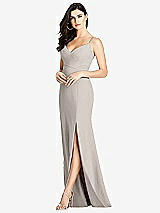 Front View Thumbnail - Taupe Seamed Bodice Crepe Trumpet Gown with Front Slit