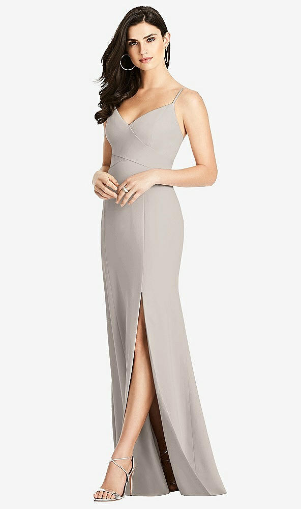 Front View - Taupe Seamed Bodice Crepe Trumpet Gown with Front Slit