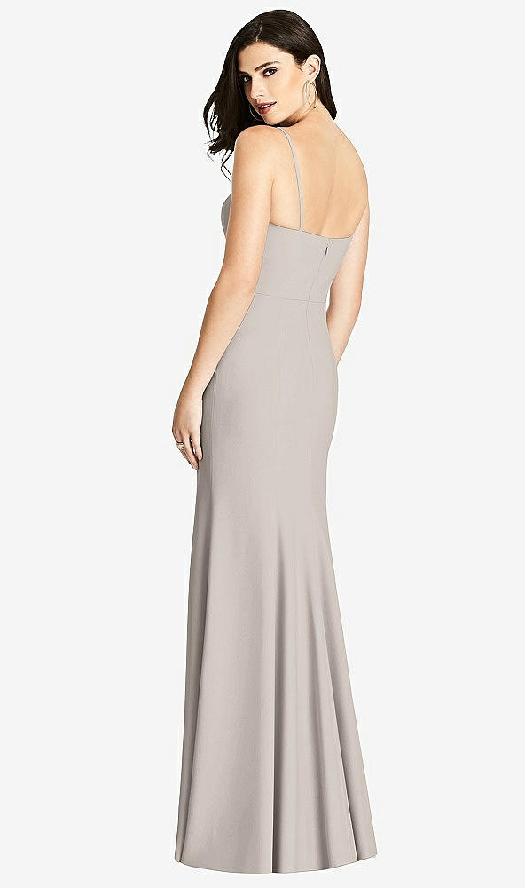 Back View - Taupe Seamed Bodice Crepe Trumpet Gown with Front Slit