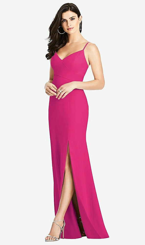 Front View - Think Pink Seamed Bodice Crepe Trumpet Gown with Front Slit