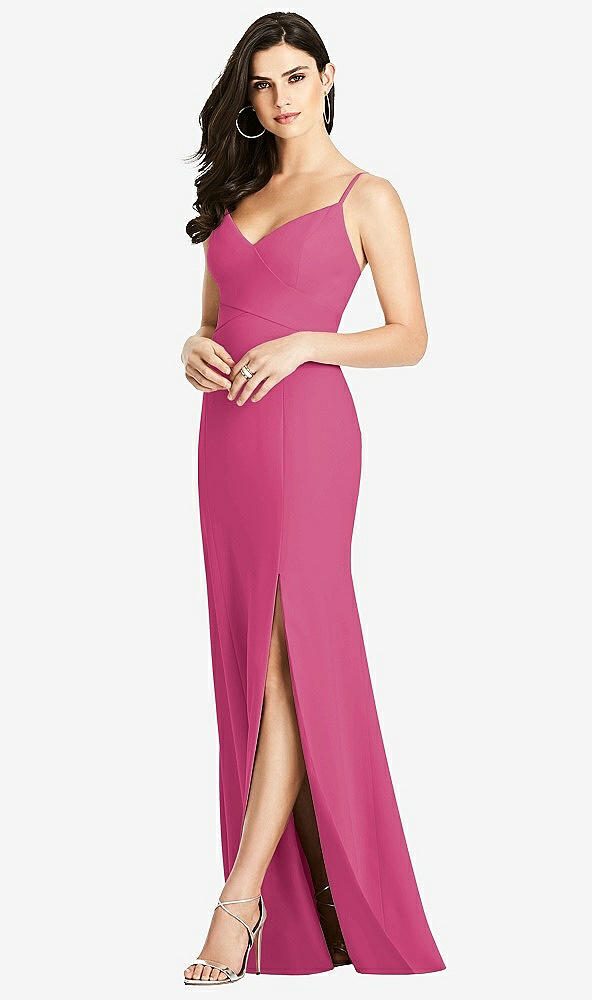 Front View - Tea Rose Seamed Bodice Crepe Trumpet Gown with Front Slit