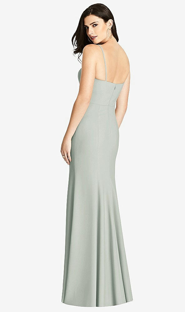 Back View - Willow Green Seamed Bodice Crepe Trumpet Gown with Front Slit