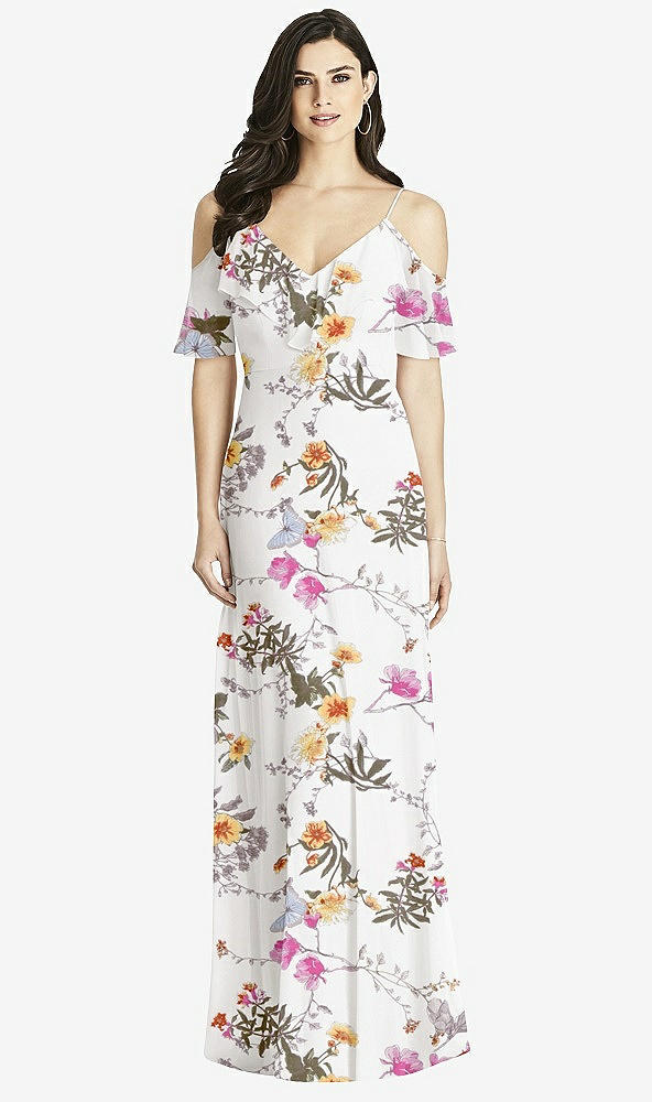 Front View - Butterfly Botanica Ivory Ruffled Cold-Shoulder Chiffon Maxi Dress
