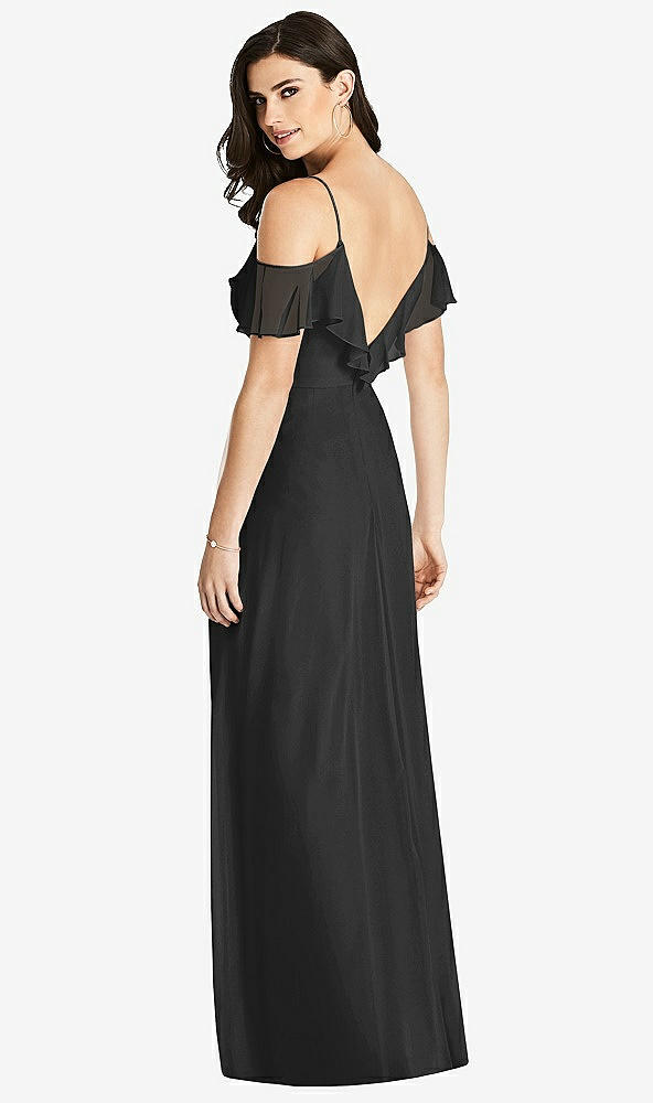 Back View - Black Ruffled Cold-Shoulder Chiffon Maxi Dress