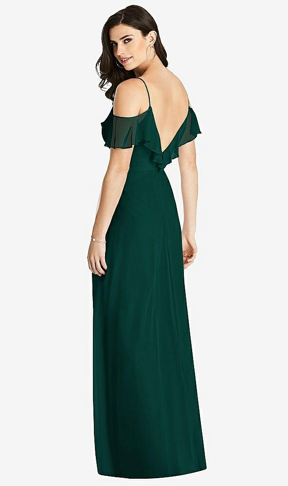 Back View - Evergreen Ruffled Cold-Shoulder Chiffon Maxi Dress