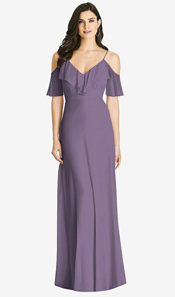 Front View - Lavender Ruffled Cold-Shoulder Chiffon Maxi Dress