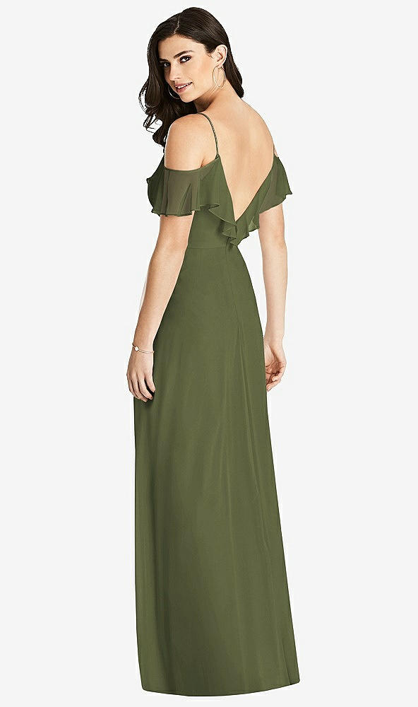 Back View - Olive Green Ruffled Cold-Shoulder Chiffon Maxi Dress
