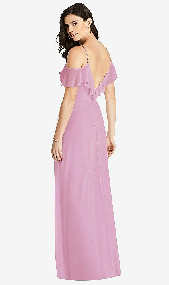 Back View - Powder Pink Ruffled Cold-Shoulder Chiffon Maxi Dress