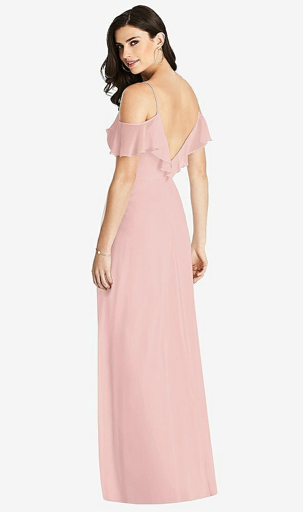 Back View - Rose - PANTONE Rose Quartz Ruffled Cold-Shoulder Chiffon Maxi Dress