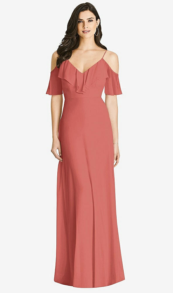 Front View - Coral Pink Ruffled Cold-Shoulder Chiffon Maxi Dress