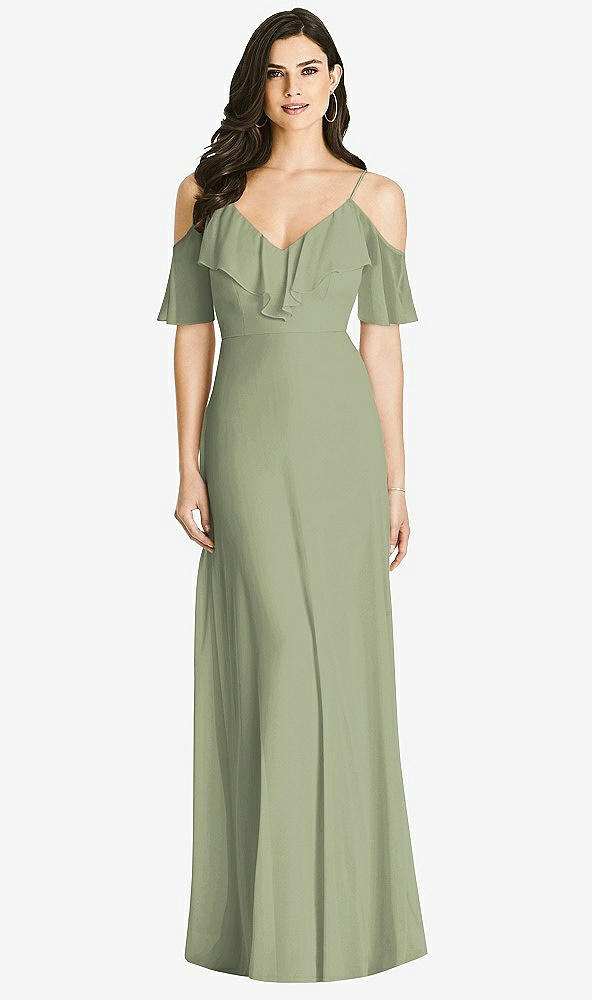 Front View - Sage Ruffled Cold-Shoulder Chiffon Maxi Dress