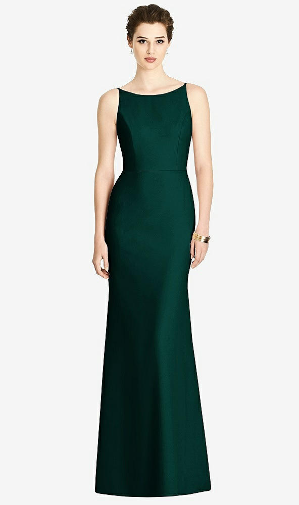 Back View - Evergreen Bateau-Neck Open Cowl-Back Trumpet Gown
