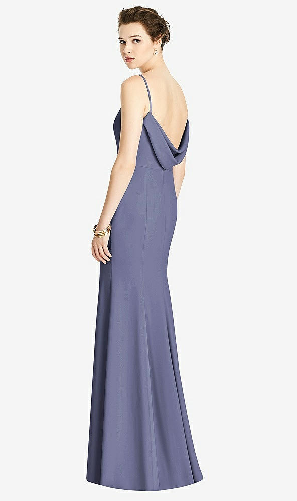 Front View - French Blue Bateau-Neck Open Cowl-Back Trumpet Gown