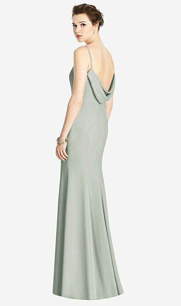 Front View - Willow Green Bateau-Neck Open Cowl-Back Trumpet Gown
