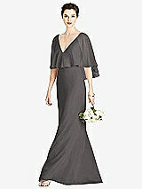 Front View Thumbnail - Caviar Gray V-Back Trumpet Gown with Draped Cape Overlay