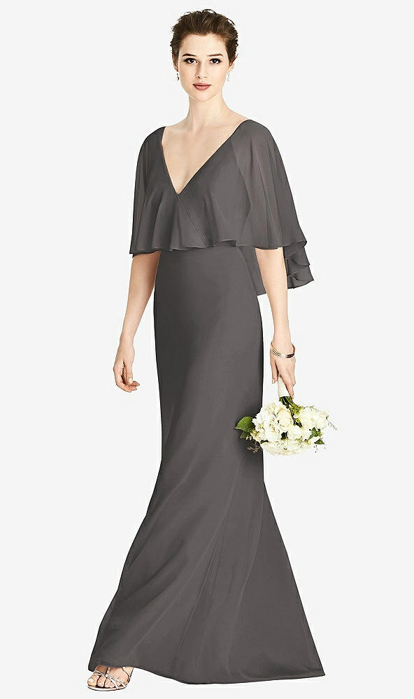 Front View - Caviar Gray V-Back Trumpet Gown with Draped Cape Overlay