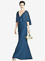 Front View Thumbnail - Dusk Blue V-Back Trumpet Gown with Draped Cape Overlay