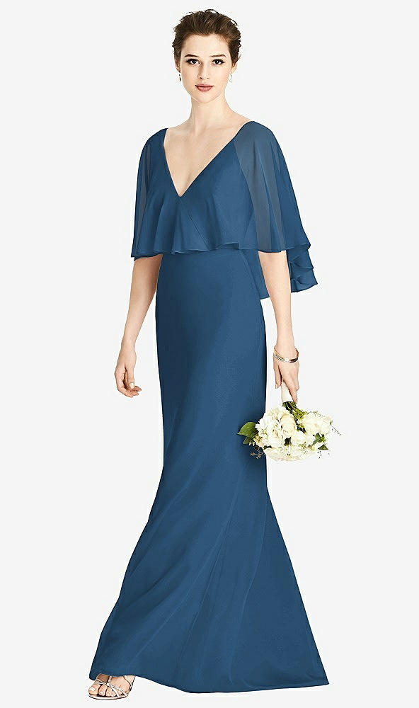 Front View - Dusk Blue V-Back Trumpet Gown with Draped Cape Overlay