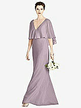 Front View Thumbnail - Lilac Dusk V-Back Trumpet Gown with Draped Cape Overlay