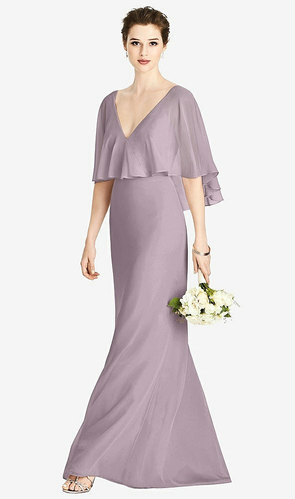 Front View - Lilac Dusk V-Back Trumpet Gown with Draped Cape Overlay