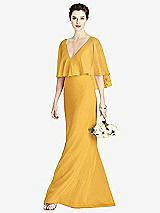 Front View Thumbnail - NYC Yellow V-Back Trumpet Gown with Draped Cape Overlay