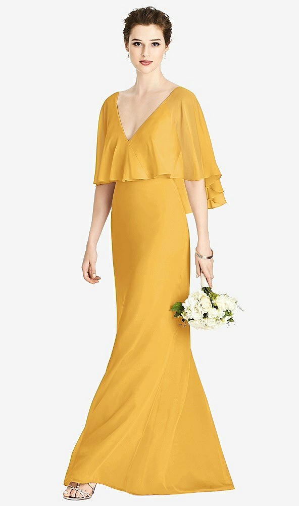 Front View - NYC Yellow V-Back Trumpet Gown with Draped Cape Overlay