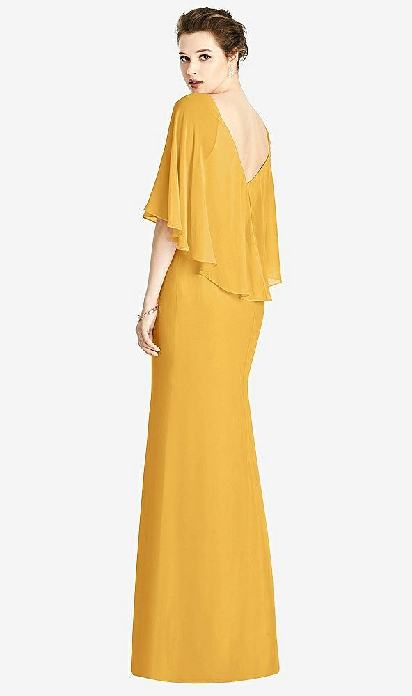 Back View - NYC Yellow V-Back Trumpet Gown with Draped Cape Overlay