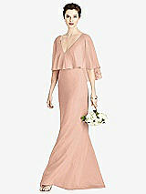 Front View Thumbnail - Pale Peach V-Back Trumpet Gown with Draped Cape Overlay