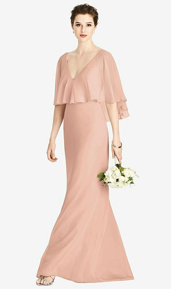 Front View - Pale Peach V-Back Trumpet Gown with Draped Cape Overlay