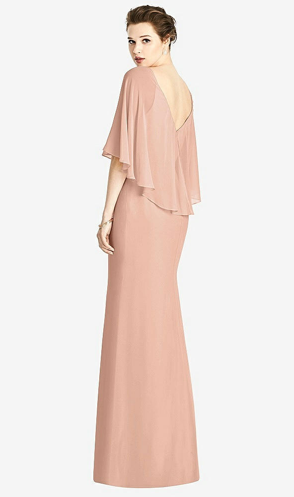 Back View - Pale Peach V-Back Trumpet Gown with Draped Cape Overlay