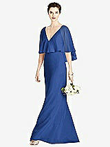 Front View Thumbnail - Classic Blue V-Back Trumpet Gown with Draped Cape Overlay