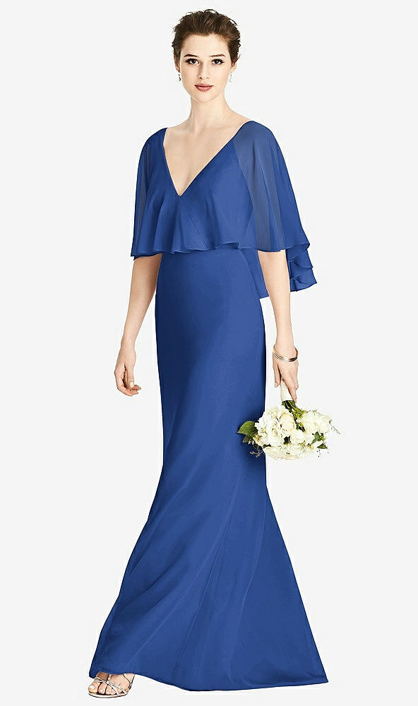 Front View - Classic Blue V-Back Trumpet Gown with Draped Cape Overlay