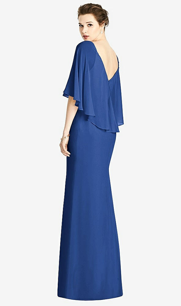 Back View - Classic Blue V-Back Trumpet Gown with Draped Cape Overlay