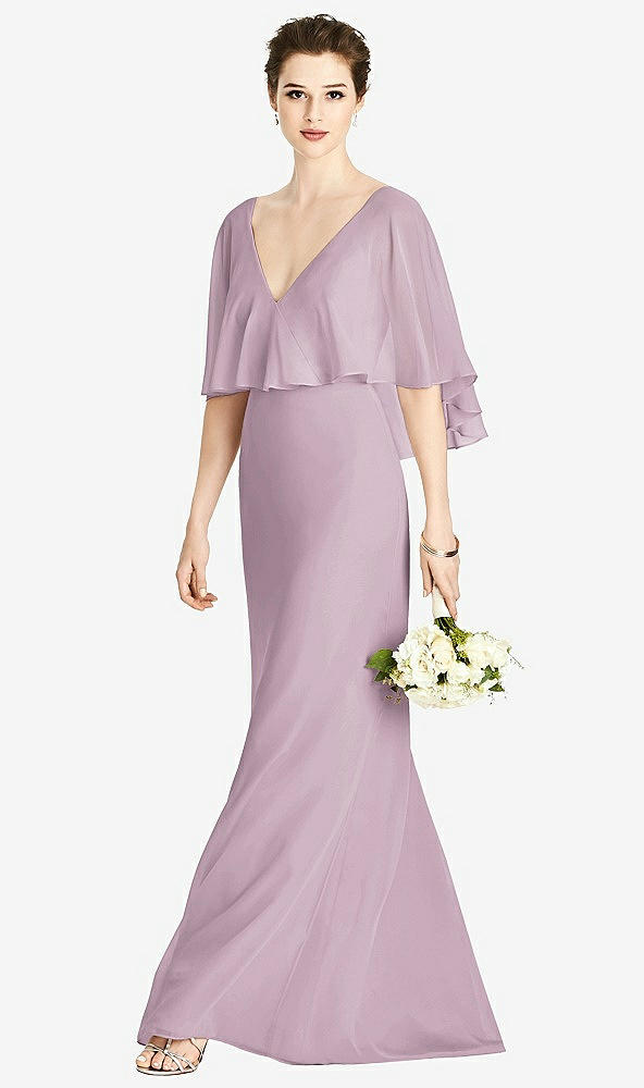 Front View - Suede Rose V-Back Trumpet Gown with Draped Cape Overlay