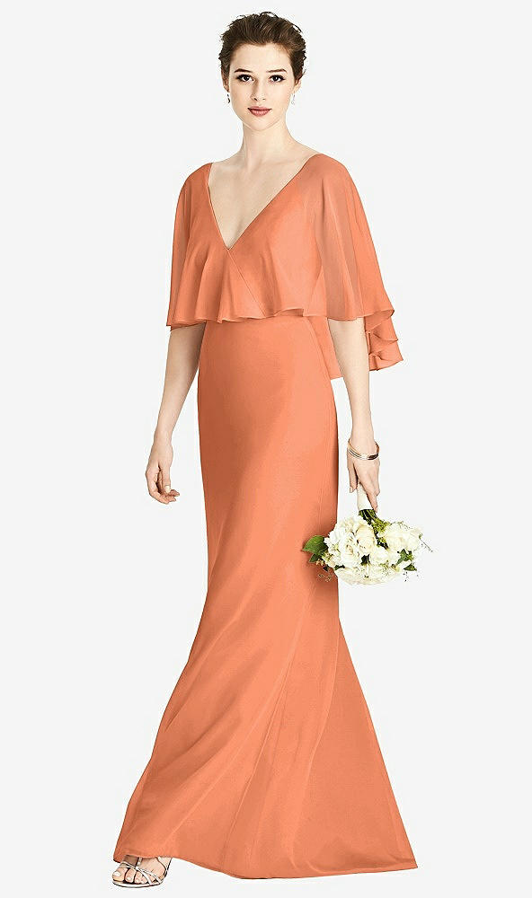 Front View - Sweet Melon V-Back Trumpet Gown with Draped Cape Overlay